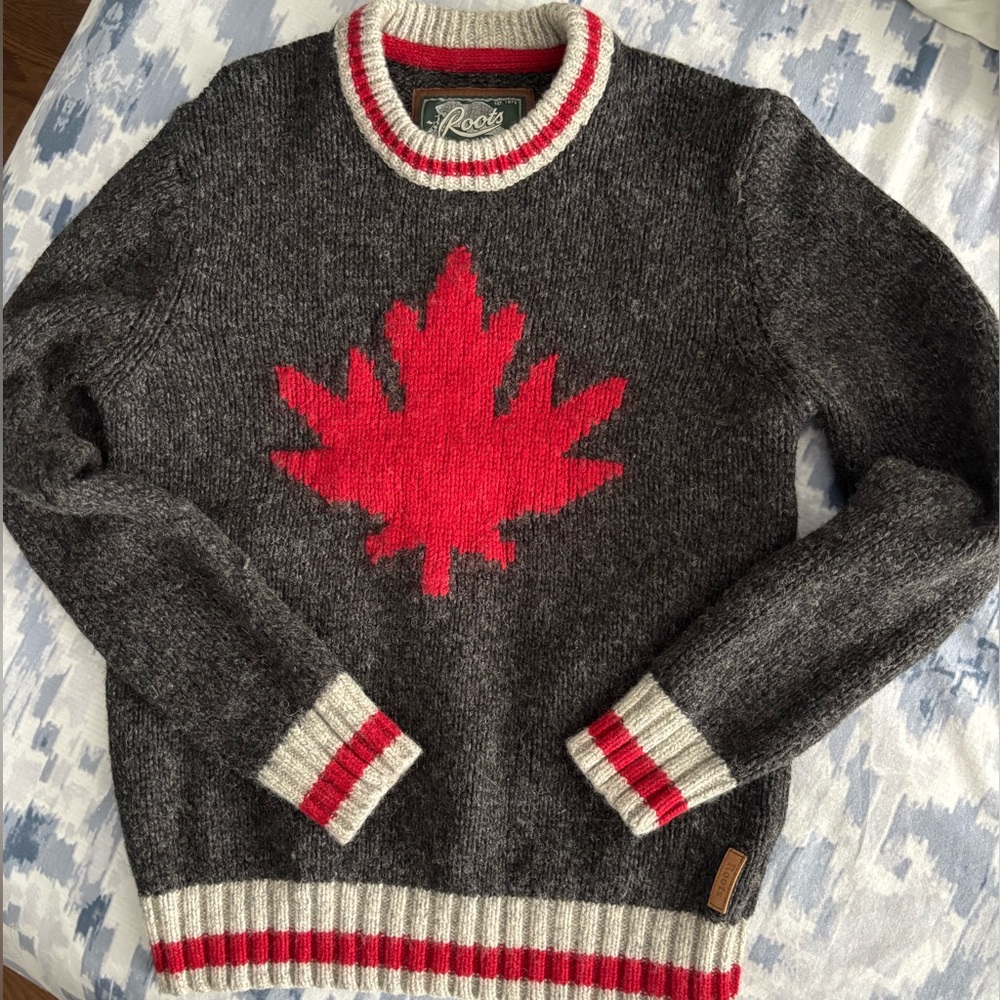 Unisex Roots Charcoal and Red Maple Leaf Crewneck Sweater